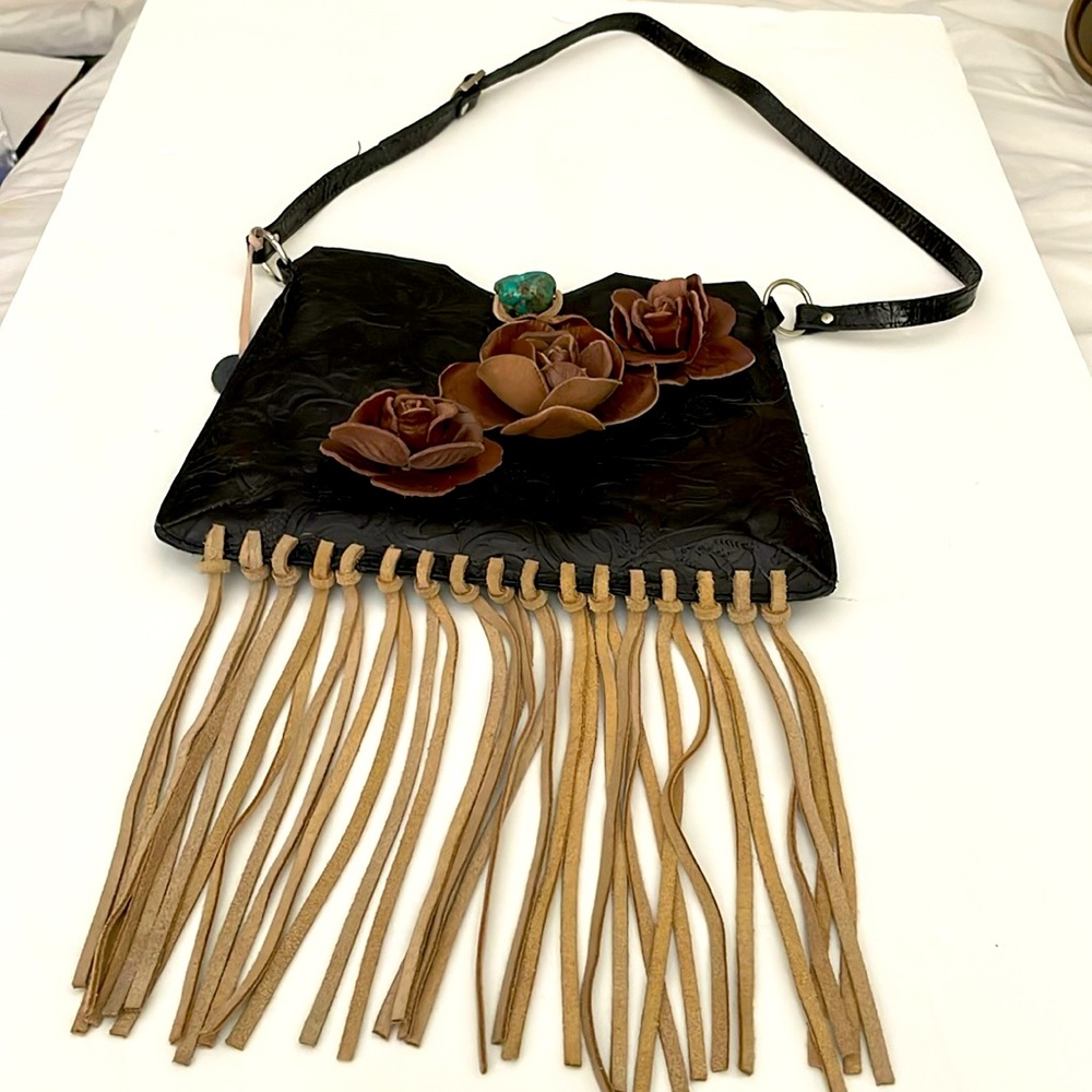 BOHO Black Leather Stamped Shoulder/Crossbody Bag